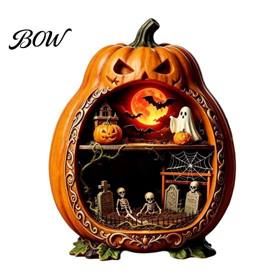 Halloween Cobweb Decorations Centerpiece Pumpkin, Wooden Pumpkin Ornament with Miniature Scenes, Rustic Detailed Scene Decor Skeleton for Farmhouse