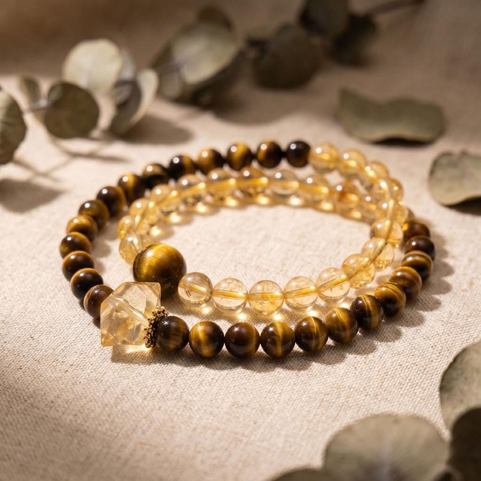 Natural Citrine & Tiger's Eye Double Row Bracelet, Boho Chic Healing Crystal Jewelry for Women, Wealth & Courage Success Amulet