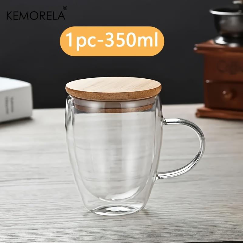 

KEMORELA Double Walled Glass Coffee Mug 350/450ML with Bamboo Lid Clear Mug with Handles for Hot Beverages like Cappuccino 301-400ml