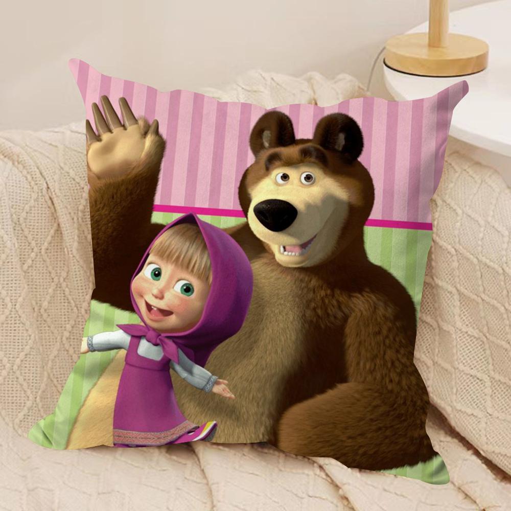 M-Masha And B-Bears Cushion Cover Silky Short Plush Double-Sided Printed Pillow Case For Sofa All Seasons Home Decor Gift