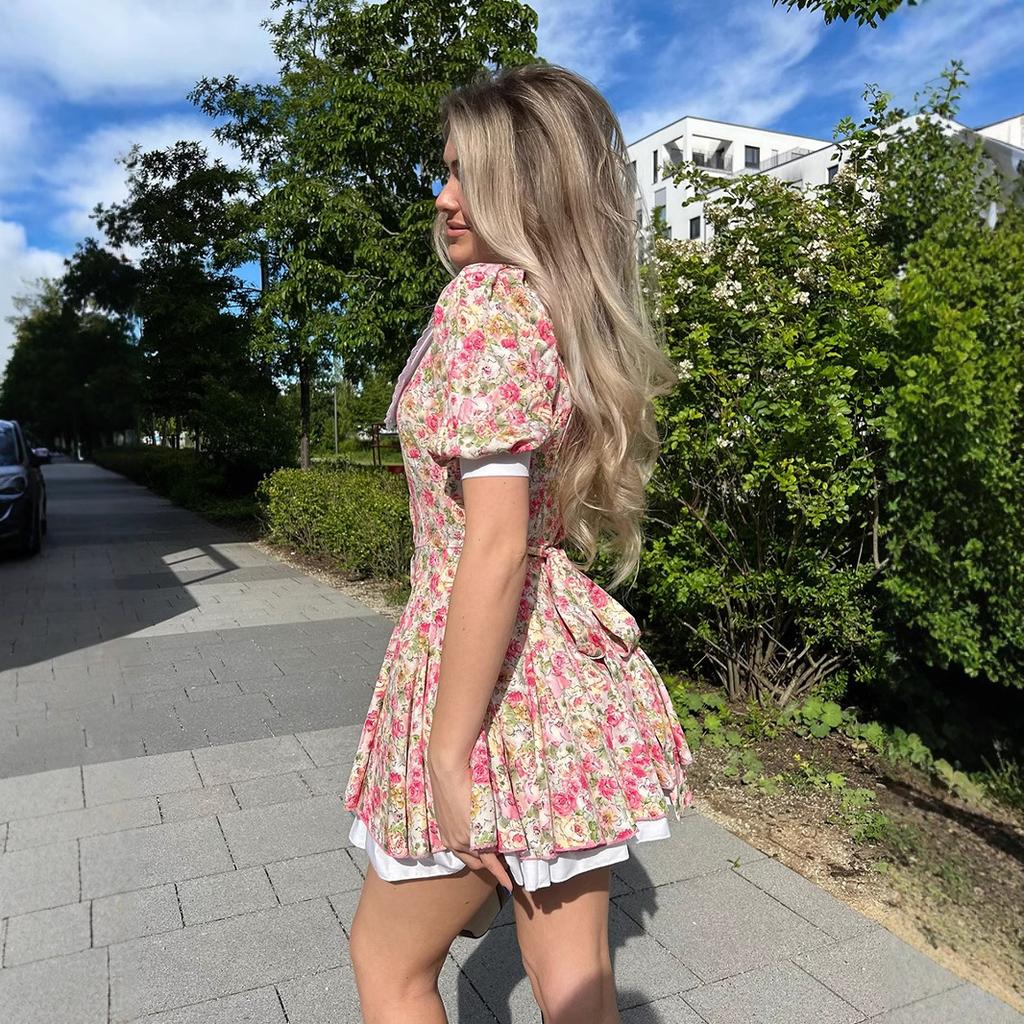 Doll collar printed short-sleeved dress European and American summer bubble sleeve single-breasted mini dress women