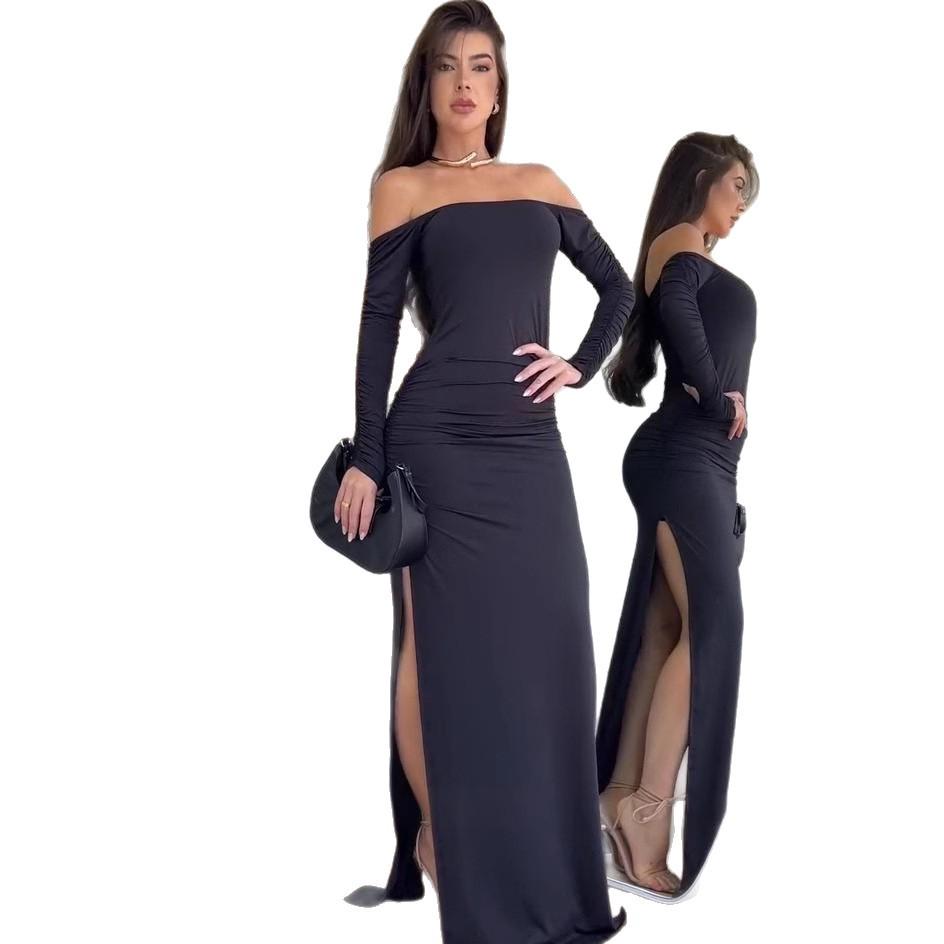 2025 Autumn European & American Women's Off-Shoulder Sexy Bodycon Dress with Ruched Side Slit