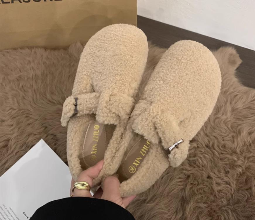 Inner heightening thick-soled lamb wool shoes for women to wear outside in winter, warm and velvet Boken shoes, one pedal, Doudou cotton shoes