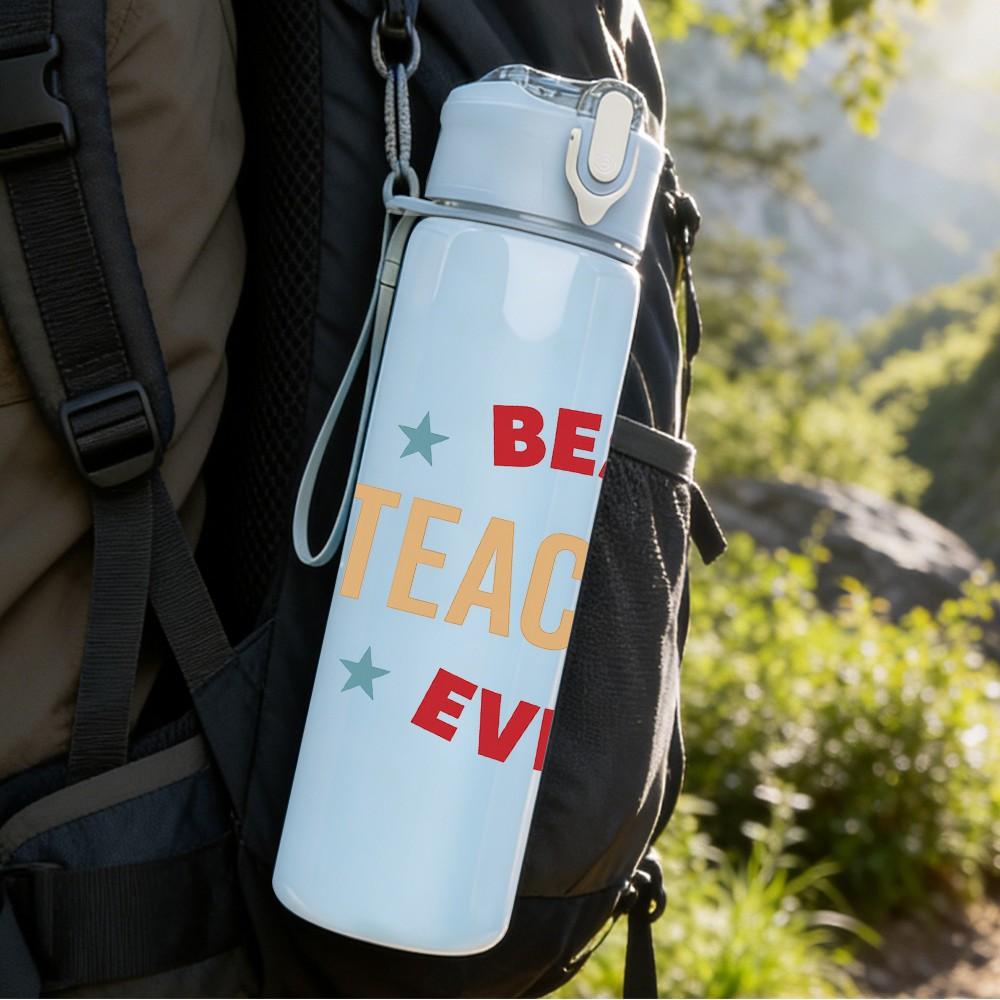 1PC Best Teacher Ever Star Text 750ml Color Plastic Sports Water Bottle Leakproof Flip Straw Lid Suitable for Sports Office Home Use