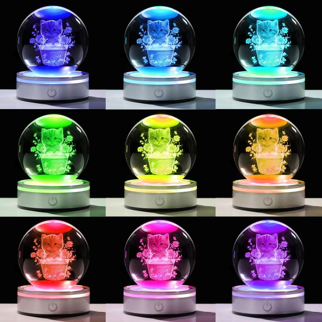 Kertari K9 Crystal Ball 3D Cat Cute Birthday Gift for Girlfriends Popular Interior Decor Cat Butterfly Figurine Stylish Relaxation Crystal Ball LED
