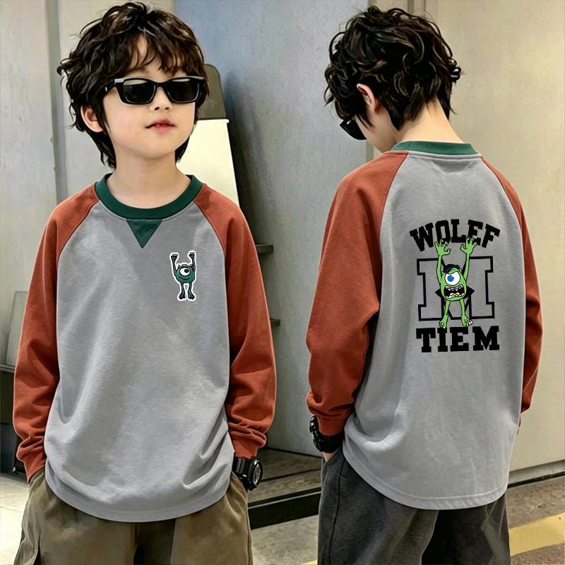 Boys' Trendy Color-Block Long-Sleeve T-Shirt for Spring/Autumn 2026 - Medium/Large Loose Fit, Contrasting Base Layer Top.