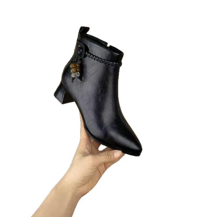 Short boots women's autumn and winter new beaded woven medium heel fashion boots thick heel women's boots soft leather cotton boots women's boots