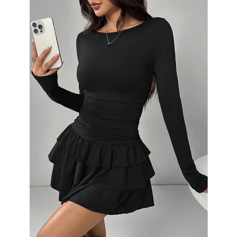 IHUASU Fashion Autumn Winter Solid Color Print Long Sleeve O-Neck Casual Dresses Unique design