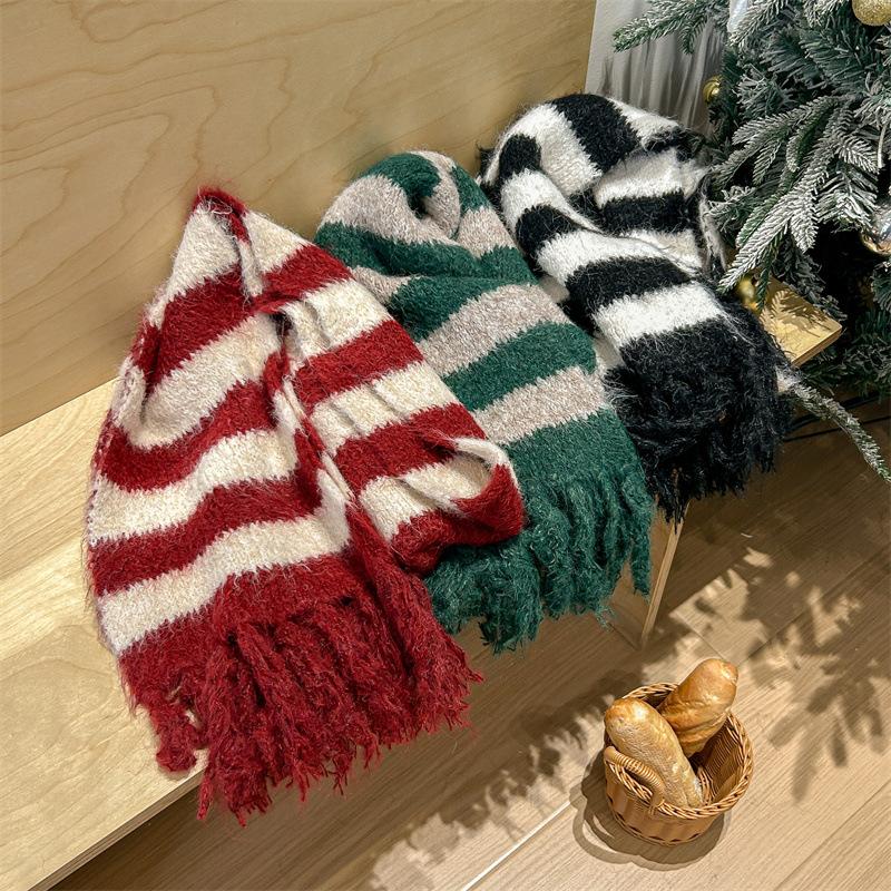 Color Blocked Striped Knitted Scarf For Women In Winter With A Sense Of Luxury Fashion Atmosphere Warmth Tassel Scarf