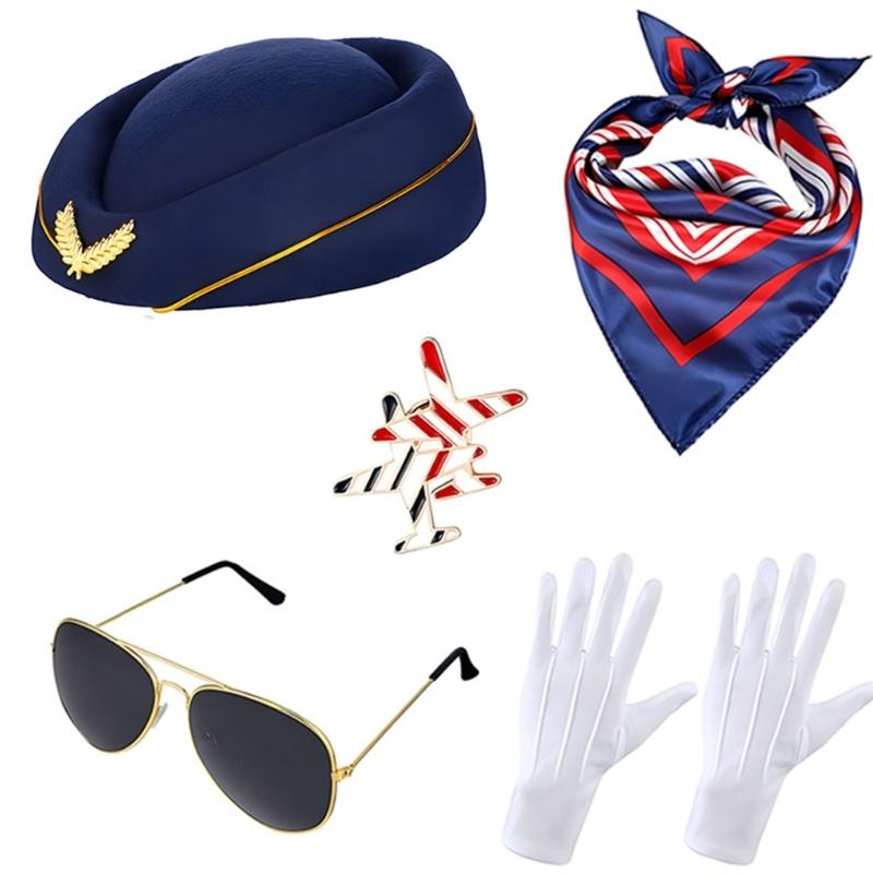 Airline Captain Costume Make Up Set Stewardess Make Up Hat Comfortable Fabric Uniform for Theme Event