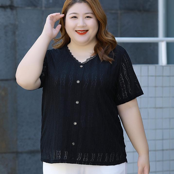 

Женская футболка больших размеров, летний кружевной топ с короткими рукавами, шикарный топ 2XL чёрный