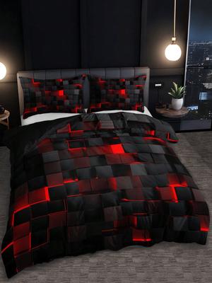 Technology Style Red Grid Comforter Cover Set Including 1 Comforter Cover And 2 Pillowcases Suitable For Home And Dormitory Use