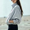 Women's Plaid Short Zip-Up Jacket with Long Sleeves and Stand Collar