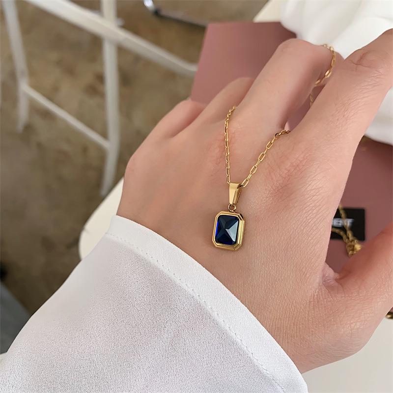 Blue-Green Champagne Gemstone 18K Plated Titanium Steel Retro Necklace - Trendy European American Style for Women and Couples.