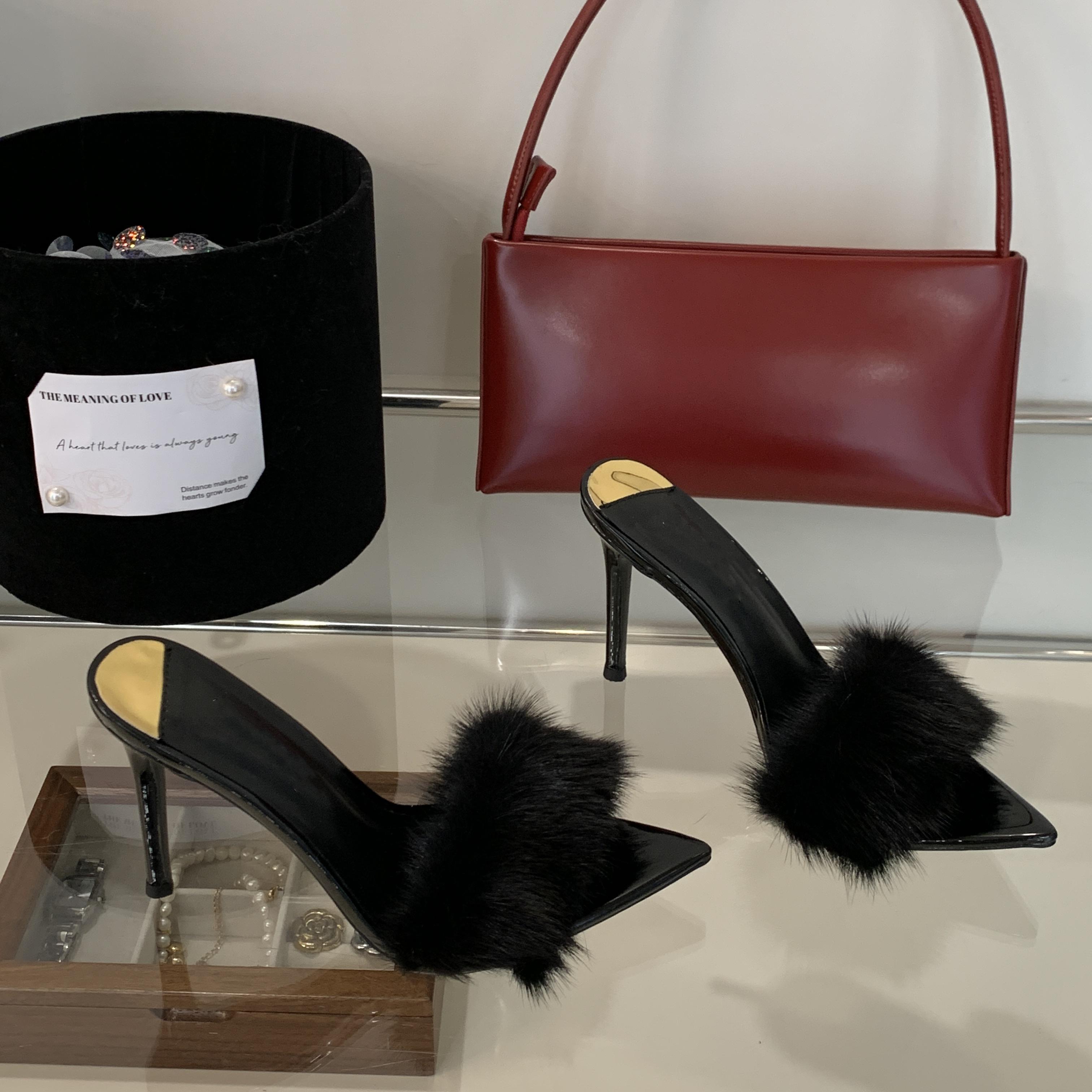 

Летняя мода верхняя одежда тапочки сексуальные остроносые волосатые каблуки тапочки на высоком каблуке женская праздничная обувь 39