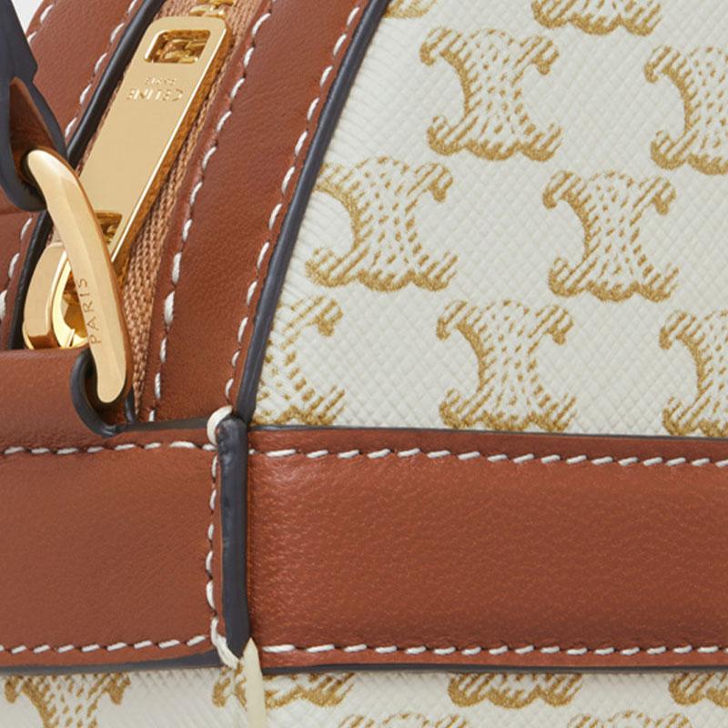 Celine Triomphe Classic Monogram Print Zipper Closure Canvas And Lambskin Round Bag Women Shoulder Bag White 10G342CAM-01TA