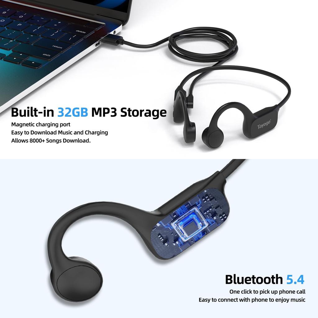 Tayogo Bone Conduction Bluetooth with IPX8 Open 32GB Internal Swimming Magnetic Fast 15 Hours of Continuous Playback and Suitable for and Sports