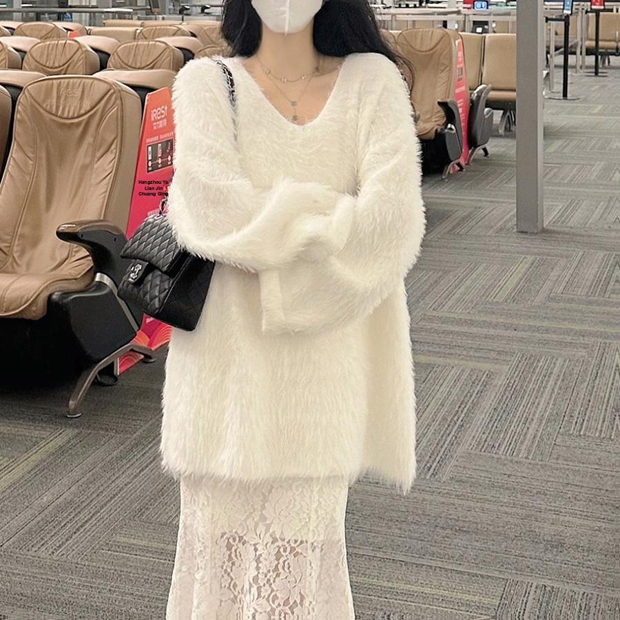 Autumn V-Neck Loose Lazy Style Faux Fur Coat Women's New Purple French Style Fashion Korean Top