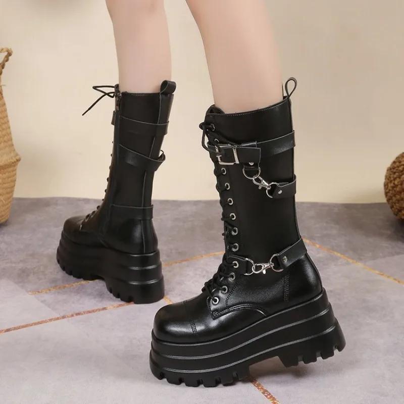 Plus Size 43 Autumn Women Boots Buckle Round Toe Wedges Platform Boots Punk Goth INS Women Street Shoes Combat Boots for Women