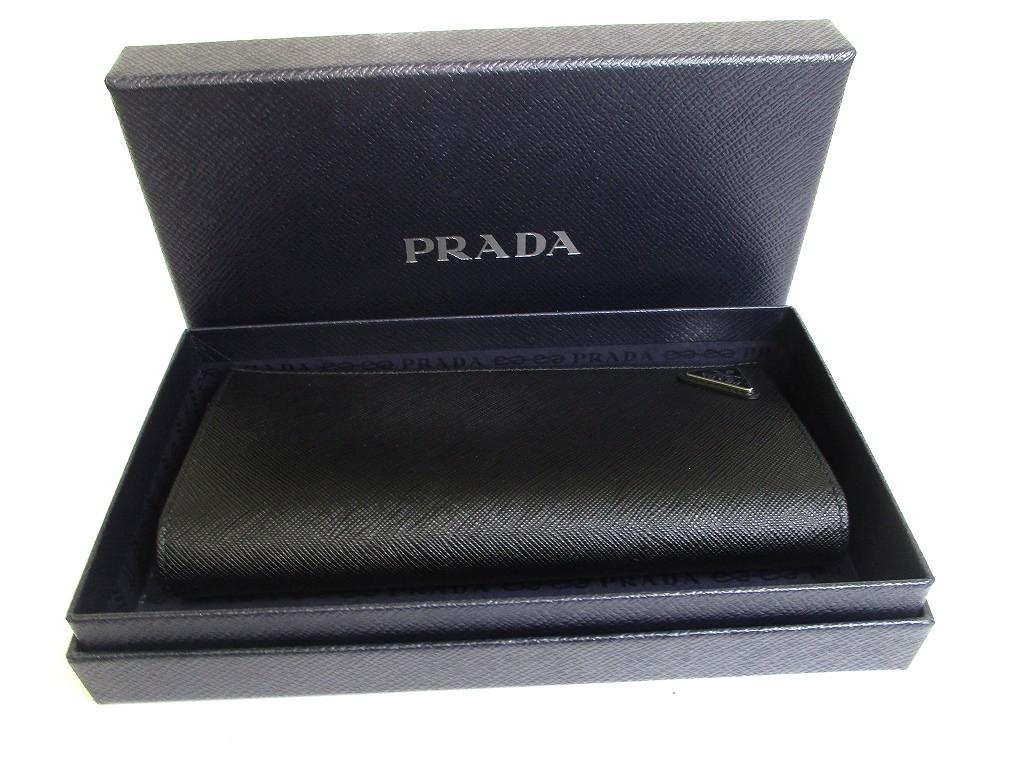 Authentic PRADA Saffiano Triangle Black Leather Bifold Long Flap Wallet #b088  Seller Refurbished