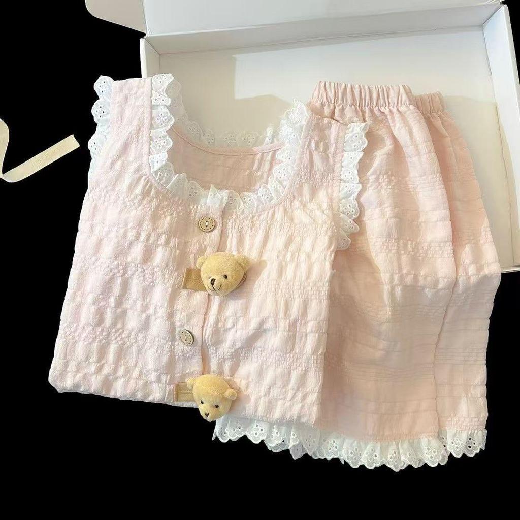 Women's Pink Lace-Trimmed Camisole and Shorts Pajama Set - Girly Cloud Cotton Summer Style