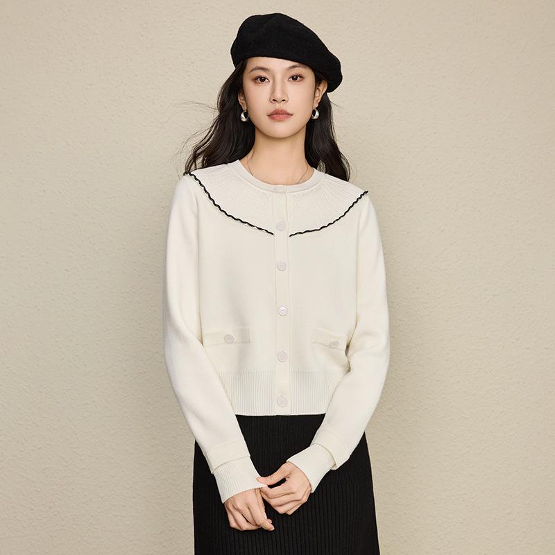 French Style Wool Knit Cardigan with Ruffle Collar, Sweet Contrasting Colors, 2025 Autumn/Winter Collection