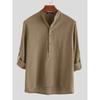 Men's White Linen Blend Henley Shirt Mandarin Collar Long -Sleeve Casual Top Casual Top