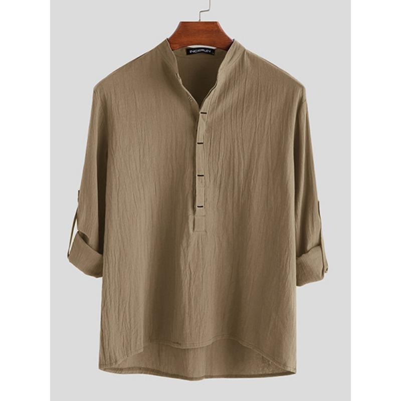 Men's White Linen Blend Henley Shirt Mandarin Collar Long -Sleeve Casual Top Casual Top
