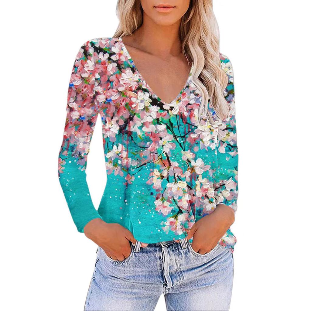 Women's Casual V-Neck Gradient Print Loose T-Shirt Pullover Long Sleeve