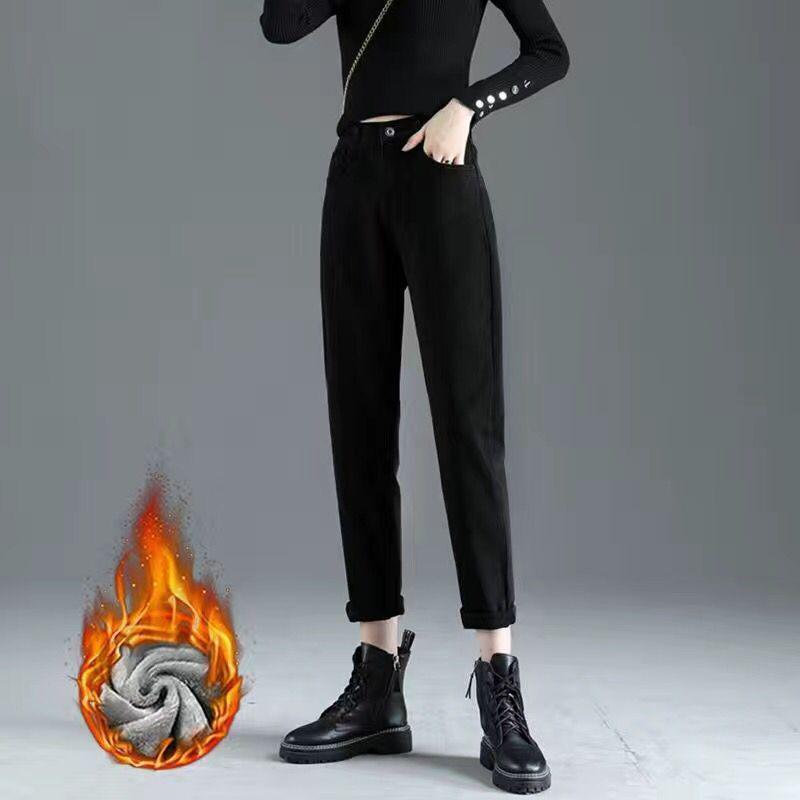 Damen High-Waist Fleecegefütterte Cropped Harem Jeans - Winter Karottenhose