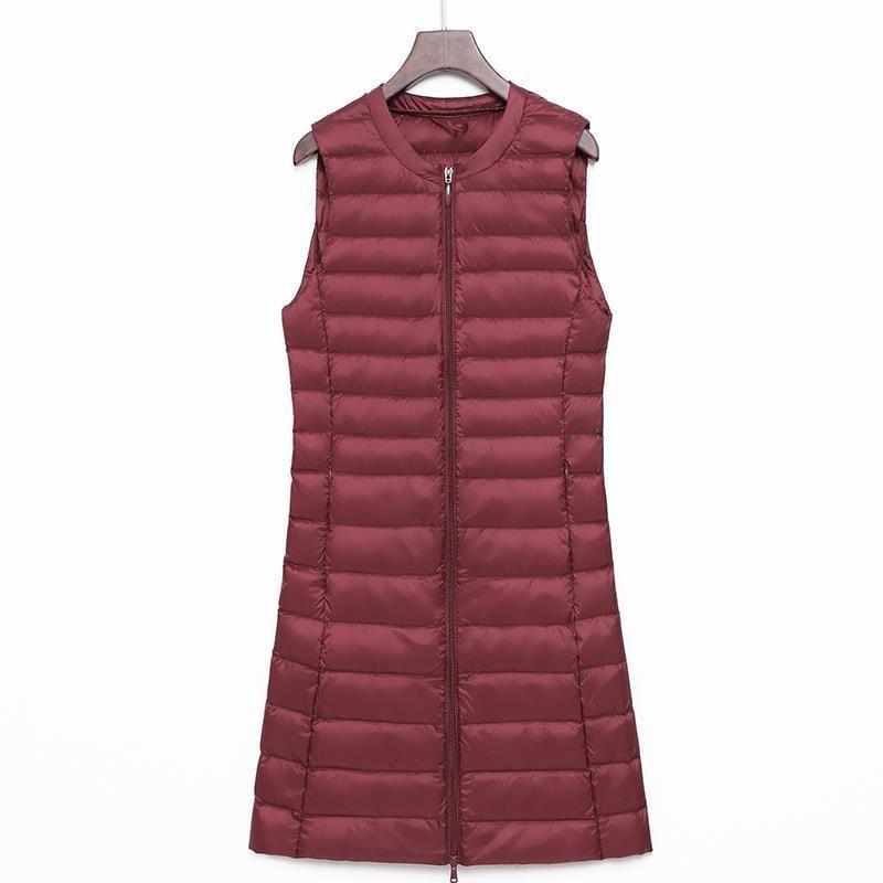 

Ультралегкий пуховий жилет жіночий довгий жилет вітрозахисний легкий теплий жилет жіноче пухове пальто довга приталена безрукавка XXXL вина червоного кольору