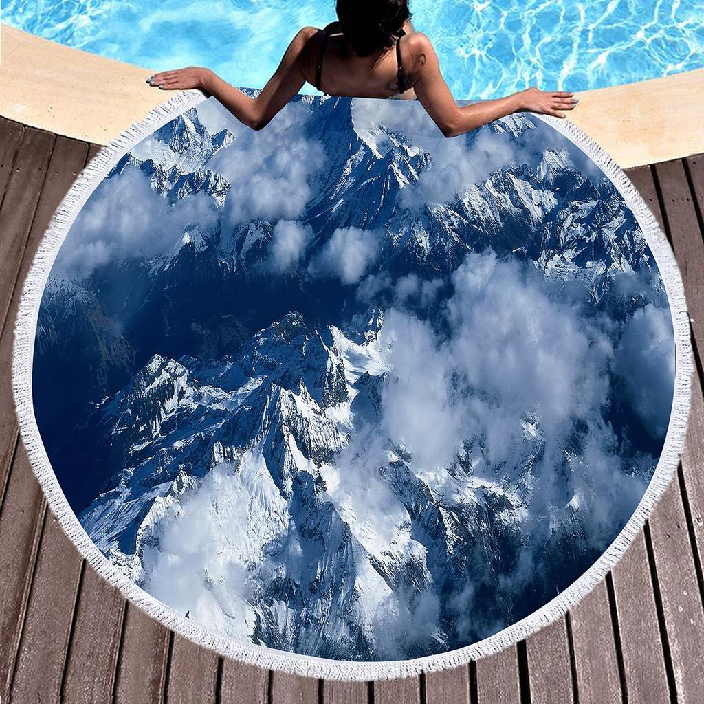 Natural Scenery Snow Mountain Round Beach Towel Sand Free Quick Dry Beach Towels with Tassels for Women Adult Swim Pool Yoga
