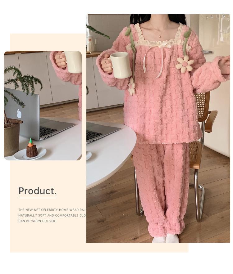Women's Princess Style Coral Velvet Pajamas - Autumn Lace, Thick & Warm Home Suit