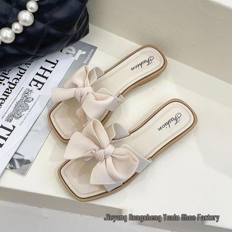 Square Toe Bow Casual Non-Slip Flat Sandals - Women's Comfortable Summer Flip Flops