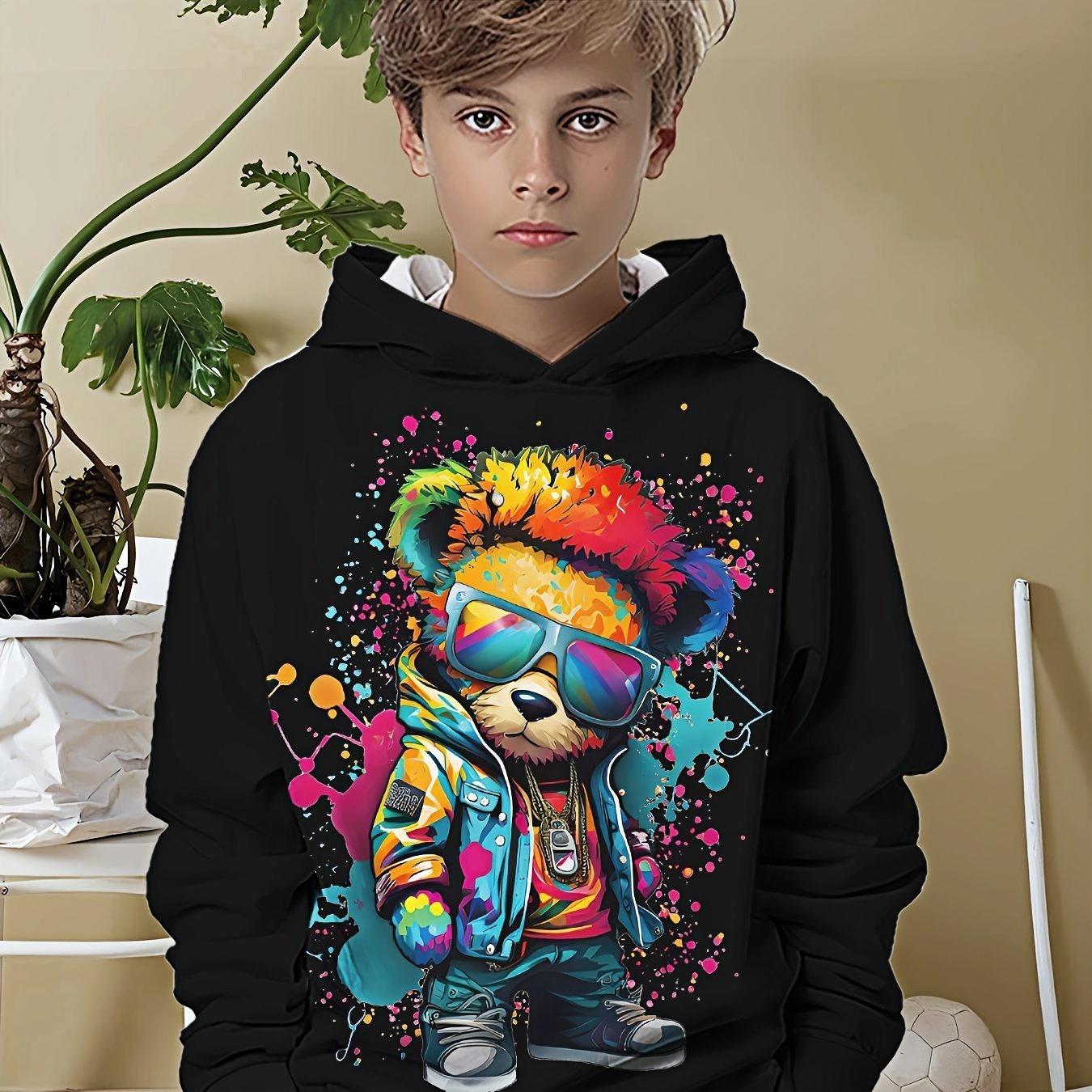 

Boy s 3D printed bear pattern hoodie - colorful animal pattern long sleeved pullover machine washable 13-14Y