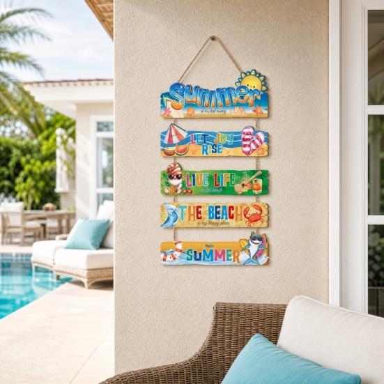 Summer Beach Wood Sign Plaques, with Hemp Rope Outdoor Decoration, Durable Wall Art for Porch Balcony Pool Party Vacation