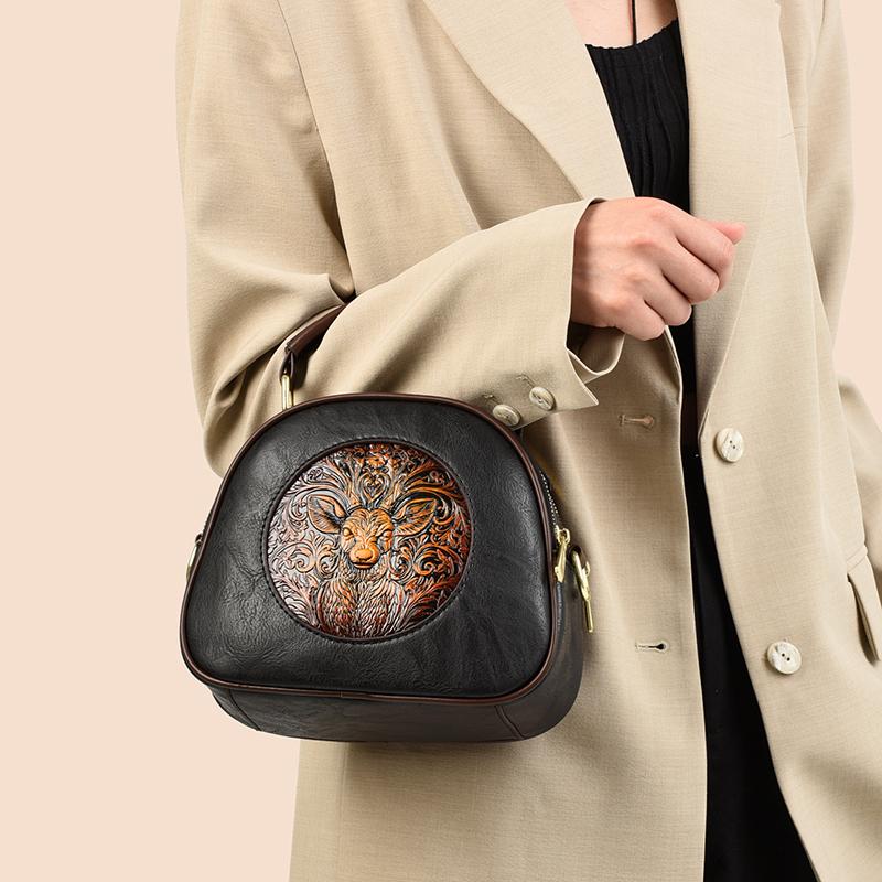 Exquisite Hand-Tooled PU Bag with Deer Design – Vintage-Inspired Crossbody and Top-Handle Bag for Women