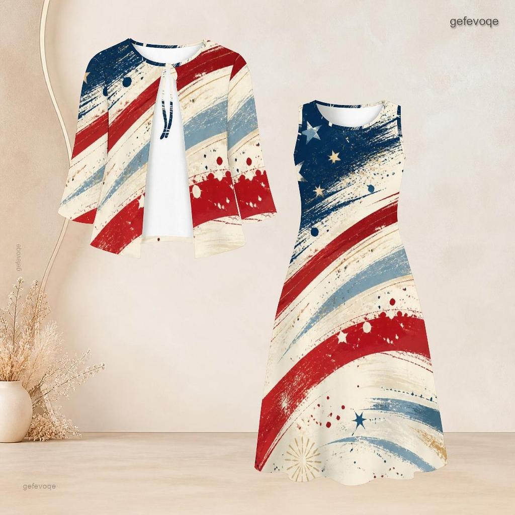 Women Plus Size Two Piece Dress Set Tie Neck Three Quarter Sleeve Firework Printed Dark Blue Long Dress