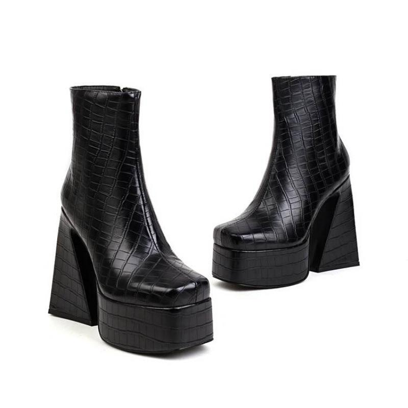 Size 3546 autumn and winter women's square head super high heel large size women's shoes waterproof platform European and American low tube Martin