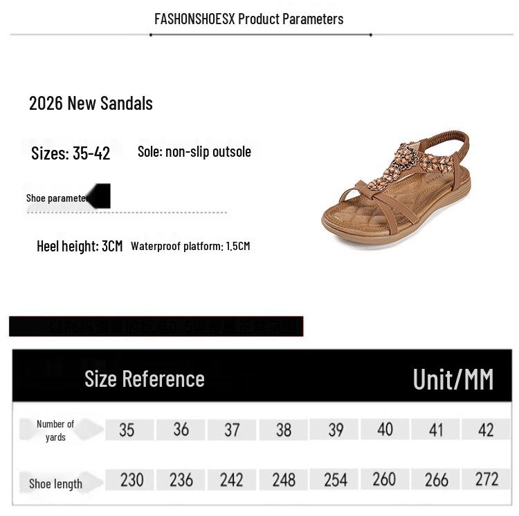 Summer 2026 Women's Bohemian Wedge Sandals with Flowers and Rhinestones, Large Size Beach Shoes