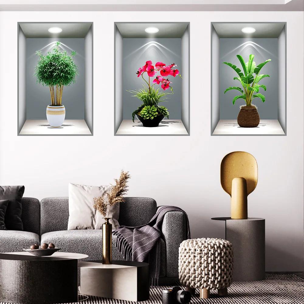 3D Effect Potted Triptych Posters Hallway Staircase Decorative Painting Hotel Restaurant Wall Plant Stickers