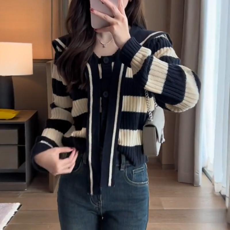 Cardigan Autumn Collar Striped Sweater Knit Women 2023 Casual Long Sleeve Women Knitted Cardigan Long Sleeve Sweater Female Top