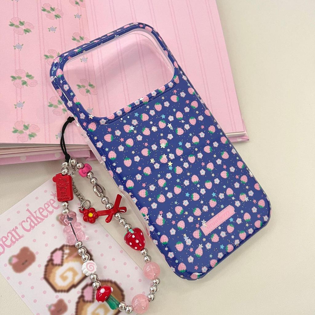 Korean Style Strawberry iPhone 14/15/16/17 Pro Max Blue Phone Case for Women