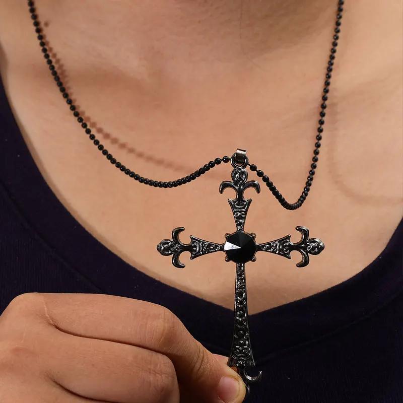 Gothic Irregular Cross Clavicle Chain Necklaces Y2K Punk Crystal Big Cross Pendant Necklaces Women Men Aesthetic Jewelry