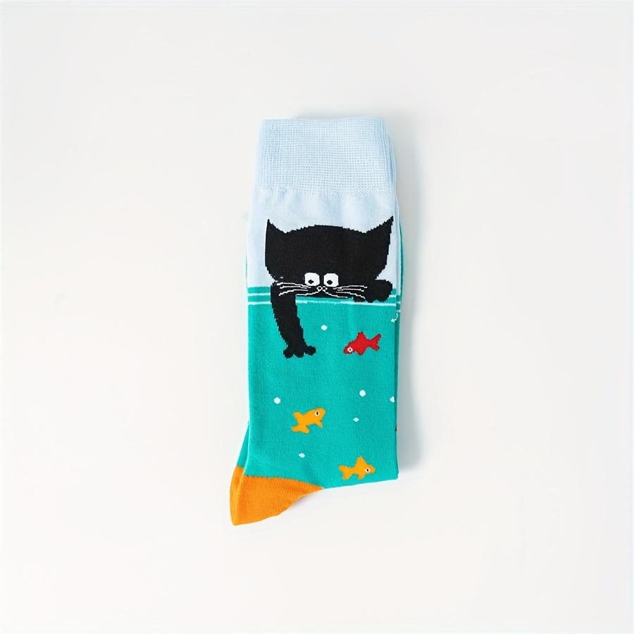 1 Pair of New Autumn and Winter Black Cat Catching Fish Pattern Men's Couple Middle Tube Socks