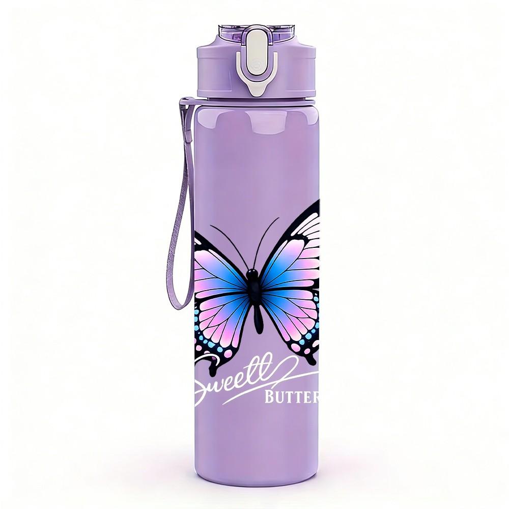 1PC Blue Purple Butterfly Art Print 750ml Color Plastic Sports Water Bottle Leakproof Flip Straw Lid Suitable for Sports Office Home Use