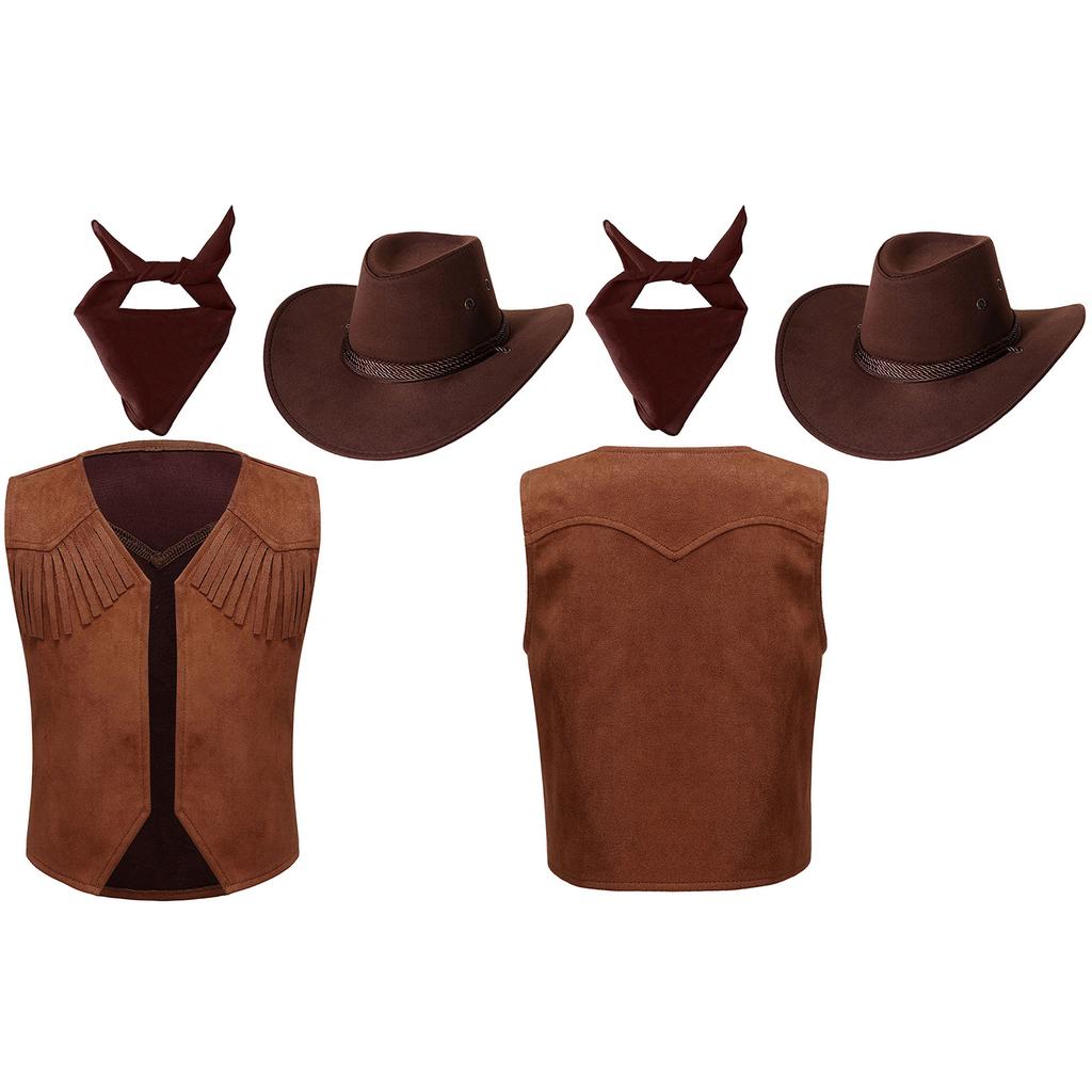 Kinder Cowboy Kostüm Set 3-teilig Kuhdruck Fransenweste Paisley Bandana Cowboyhut Halloween Karneval Verkleidung