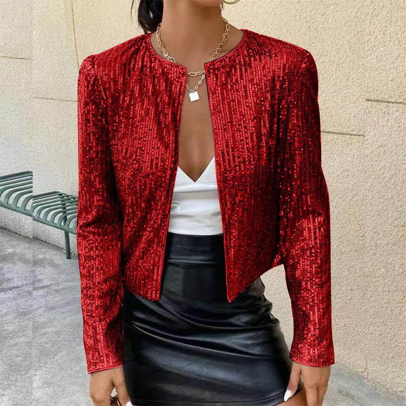 

Женская куртка 2025 года с цветными блоками и пайетками, со стойкой воротником - Европейская и американская повседневная мода XXXL