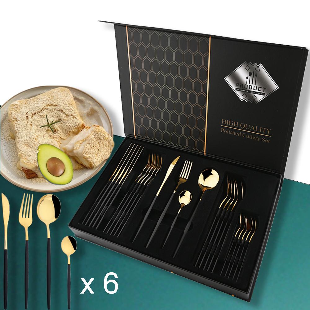 24pcs Gold Dinnerware Set Stainless Steel Steak Knife Fork Coffee Spoon Teaspoon Flatware Dishwasher Safe Kitchen Tablewar