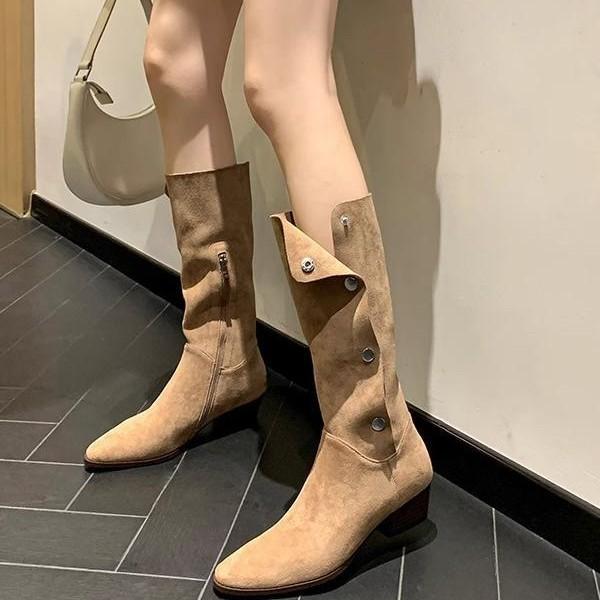 Cowhide~ Vintage Maillard Pointed Pile Boots Women's Western Cowboy Boots Button High Boots Thick Heel Boots Autumn